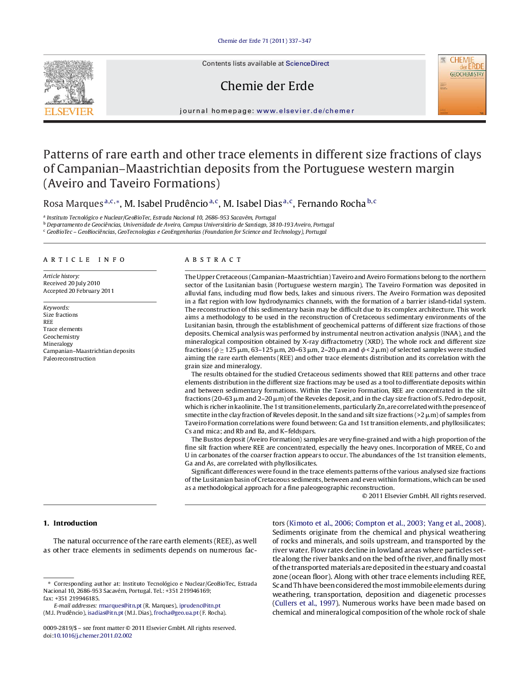 Patterns of rare earth and other trace elements in different size fractions of clays of Campanian–Maastrichtian deposits from the Portuguese western margin (Aveiro and Taveiro Formations)