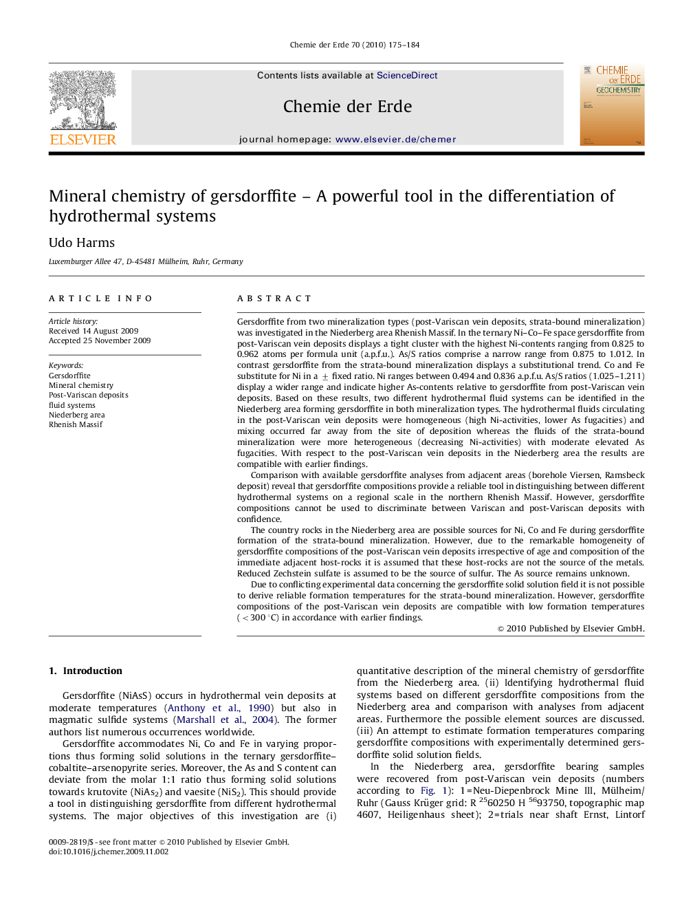 Mineral chemistry of gersdorffite – A powerful tool in the differentiation of hydrothermal systems