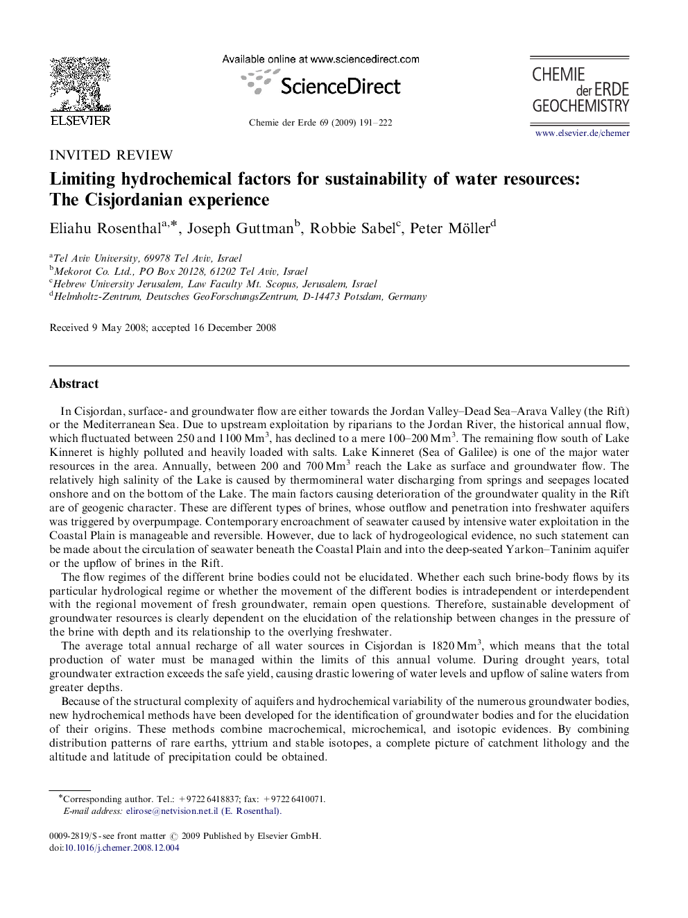 Limiting hydrochemical factors for sustainability of water resources: The Cisjordanian experience