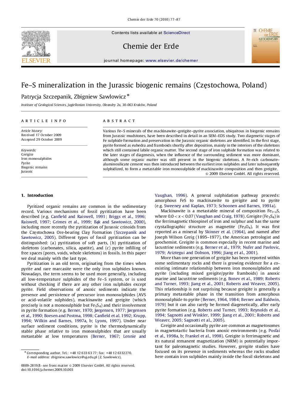 Fe–S mineralization in the Jurassic biogenic remains (Częstochowa, Poland)