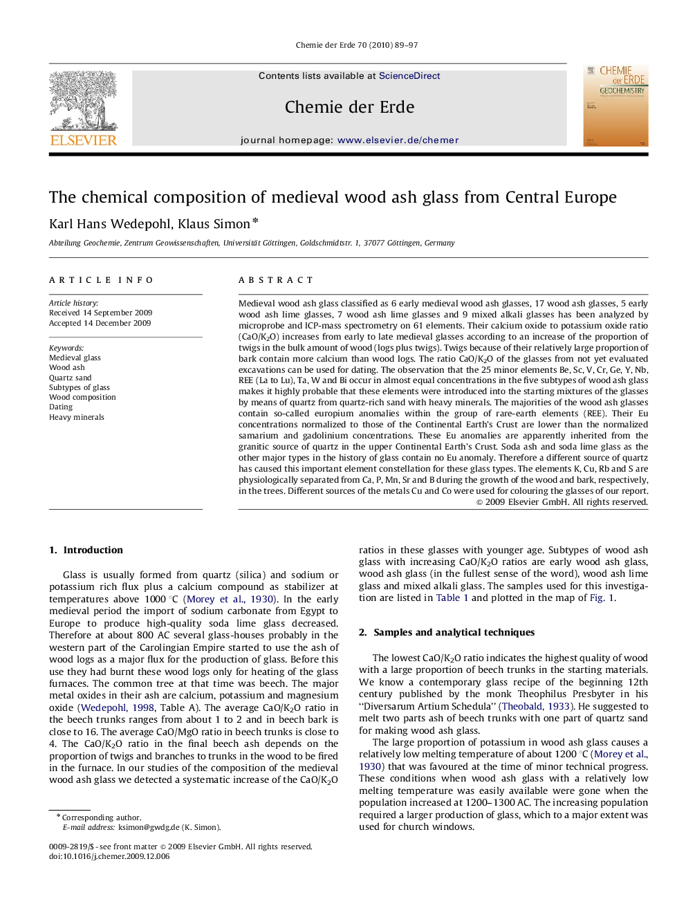 The chemical composition of medieval wood ash glass from Central Europe