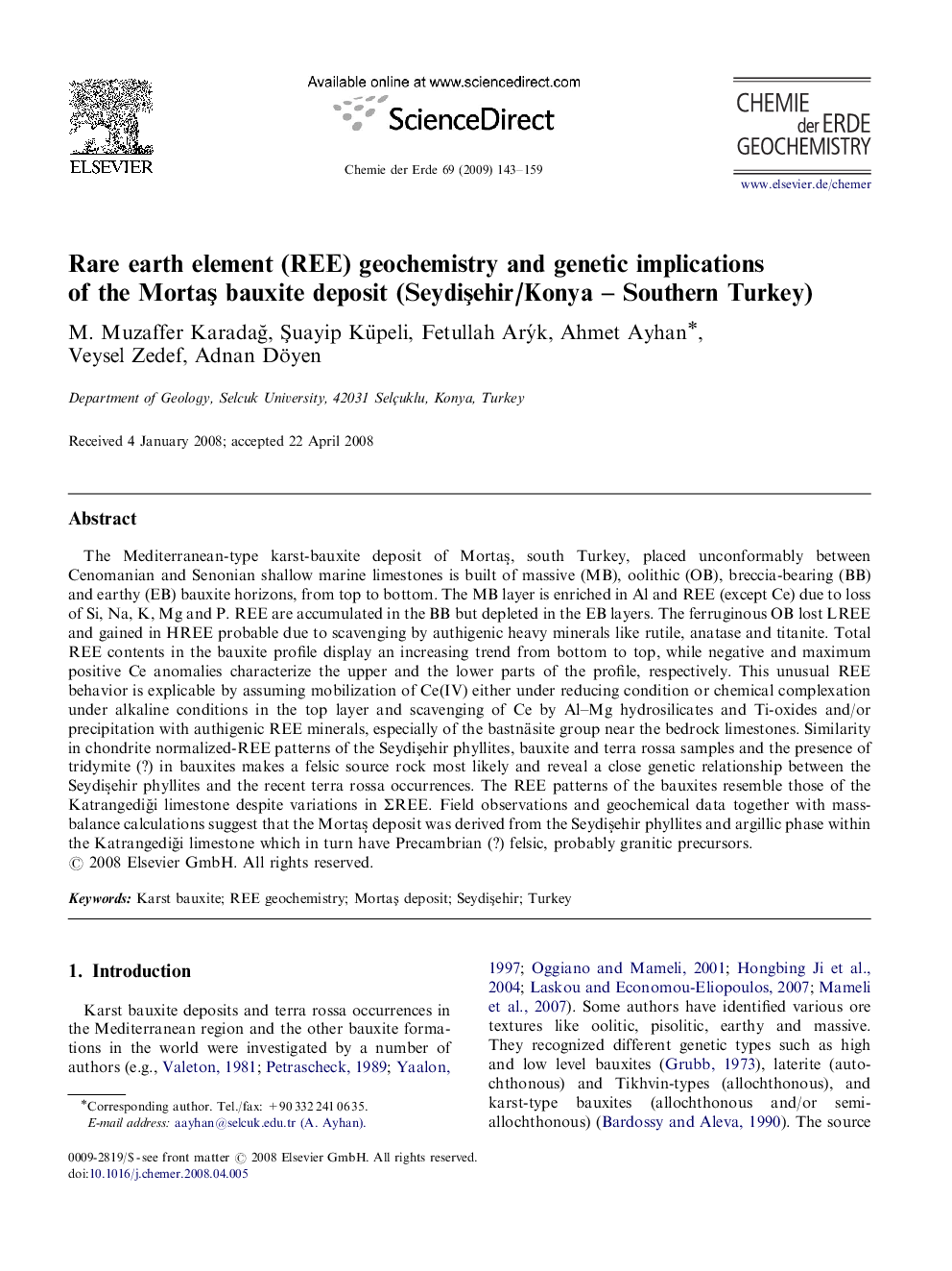 Rare earth element (REE) geochemistry and genetic implications of the Mortaş bauxite deposit (Seydişehir/Konya – Southern Turkey)