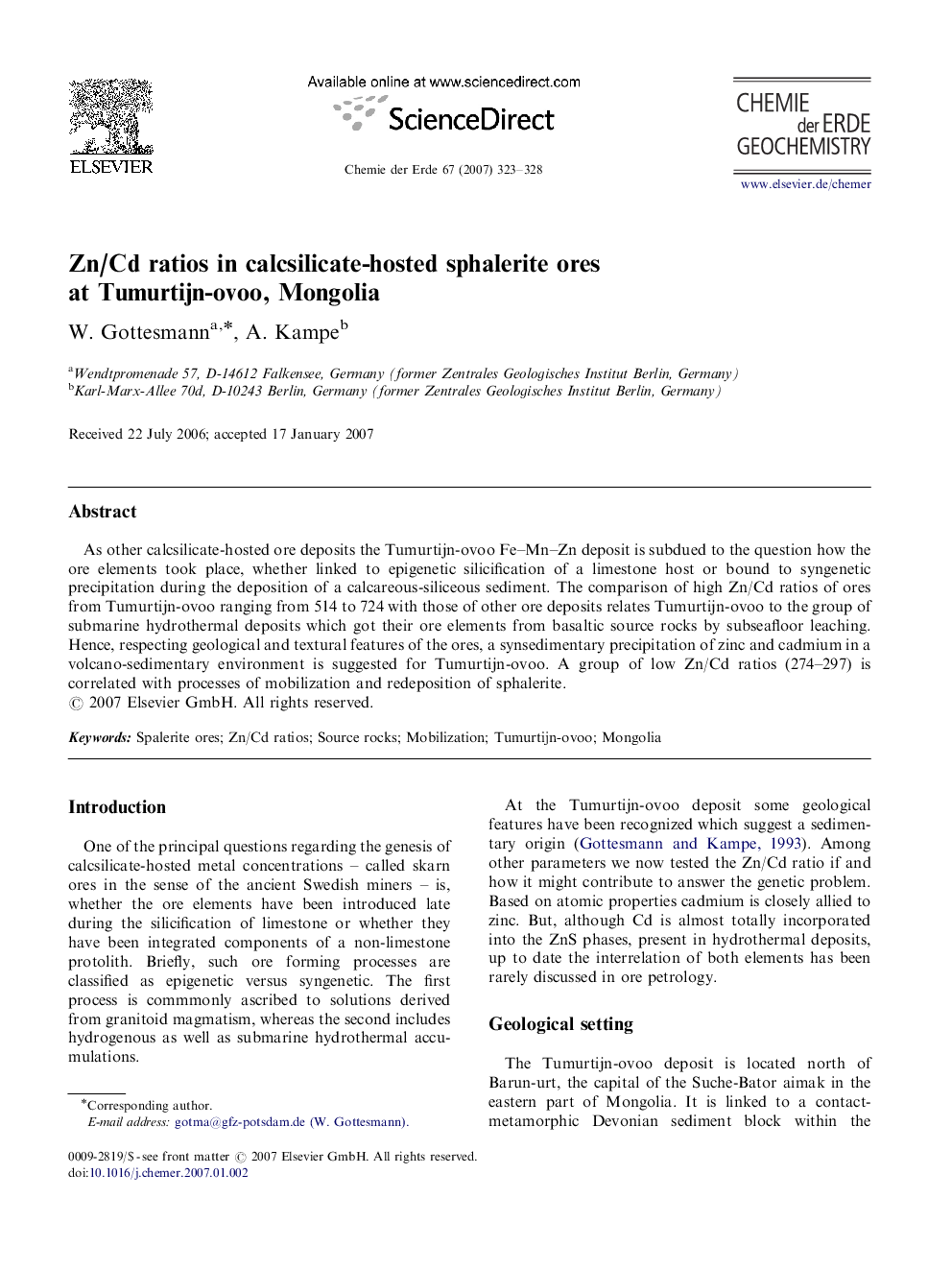 Zn/Cd ratios in calcsilicate-hosted sphalerite ores at Tumurtijn-ovoo, Mongolia