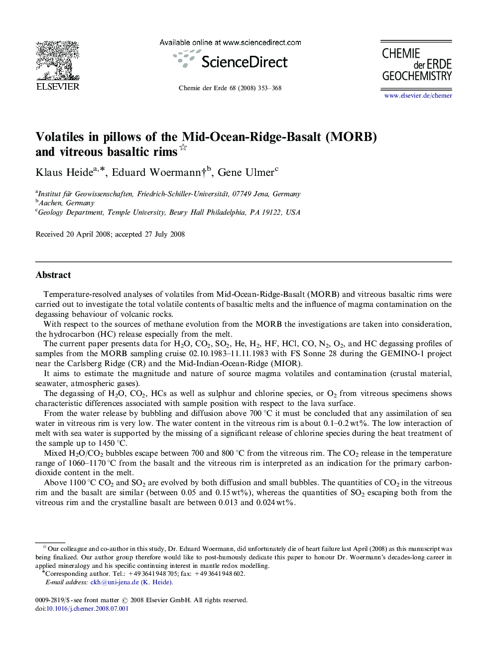 Volatiles in pillows of the Mid-Ocean-Ridge-Basalt (MORB) and vitreous basaltic rims 