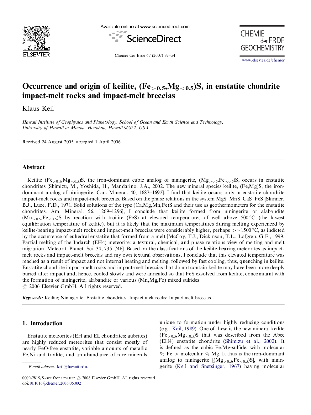 Occurrence and origin of keilite, (Fe>0.5,Mg<0.5)S, in enstatite chondrite impact-melt rocks and impact-melt breccias