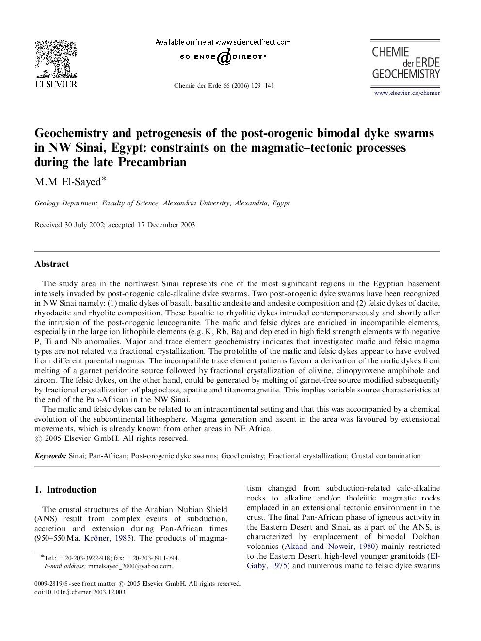 Geochemistry and petrogenesis of the post-orogenic bimodal dyke swarms in NW Sinai, Egypt: constraints on the magmatic–tectonic processes during the late Precambrian