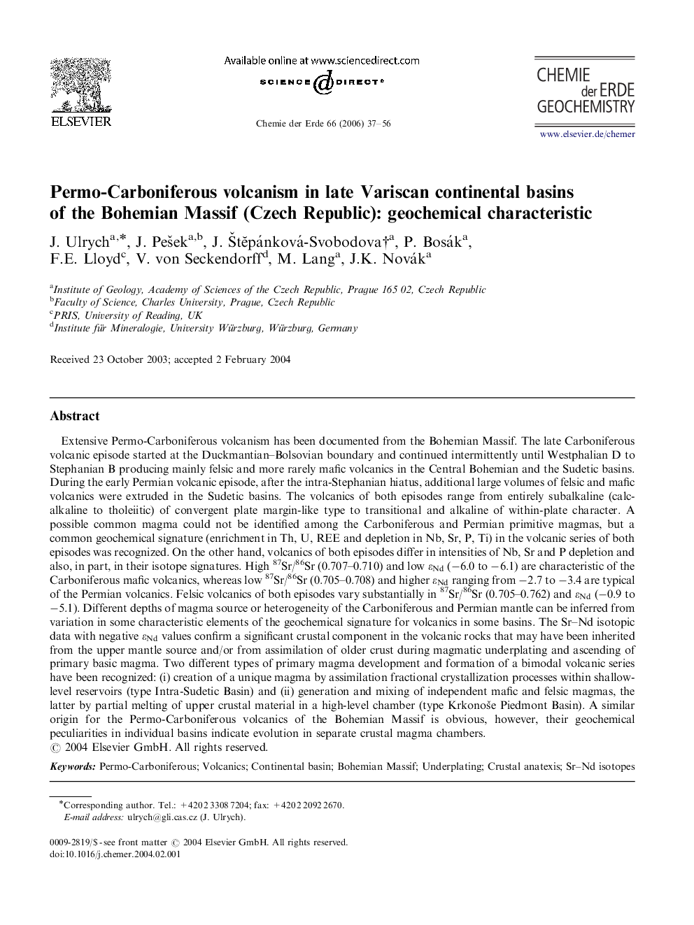 Permo-Carboniferous volcanism in late Variscan continental basins of the Bohemian Massif (Czech Republic): geochemical characteristic