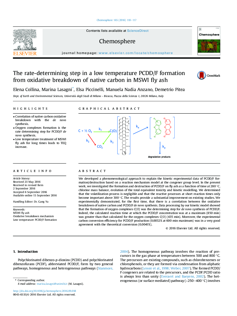 The rate-determining step in a low temperature PCDD/F formation from oxidative breakdown of native carbon in MSWI fly ash