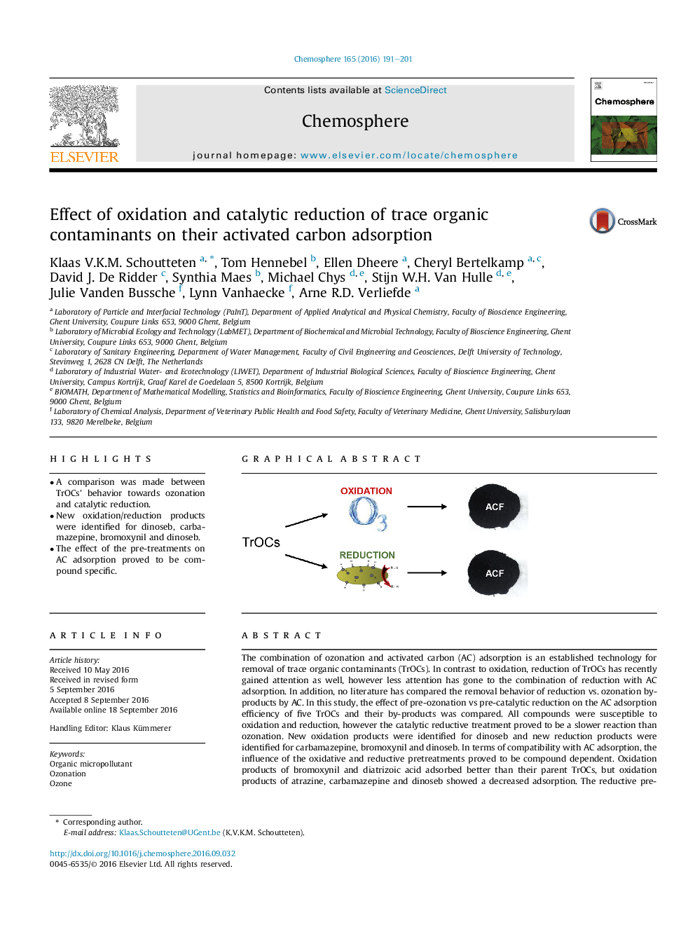 Effect of oxidation and catalytic reduction of trace organic contaminants on their activated carbon adsorption