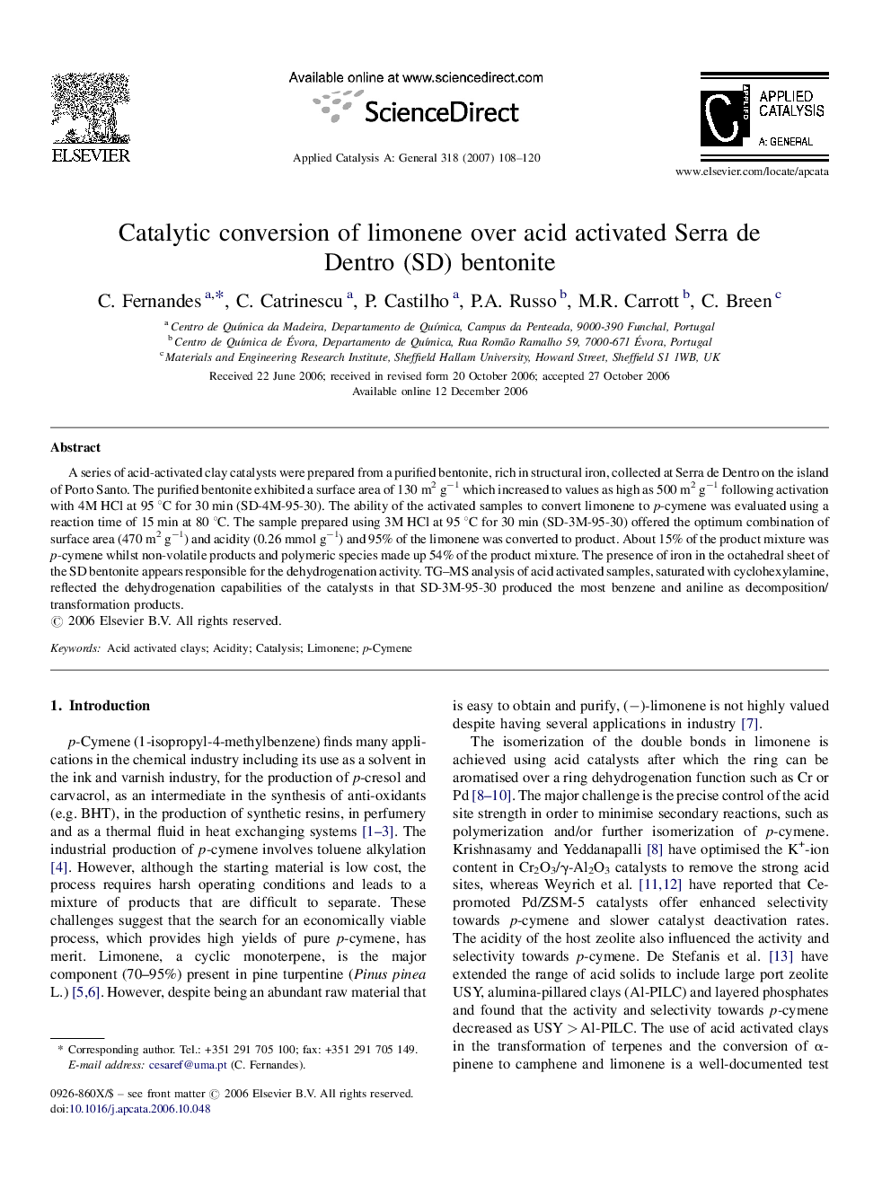 Catalytic conversion of limonene over acid activated Serra de Dentro (SD) bentonite