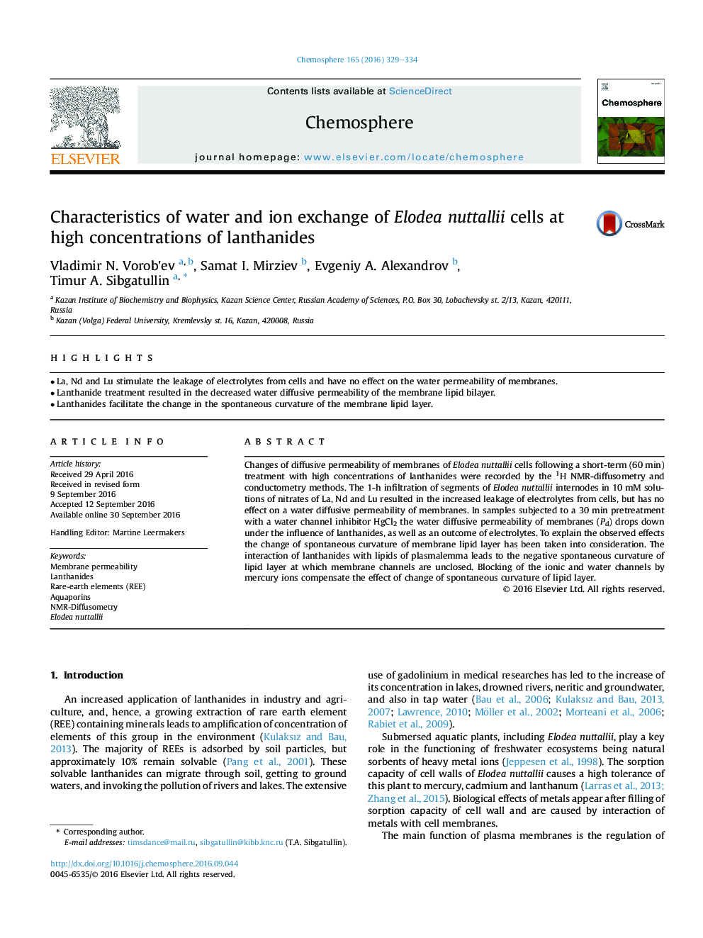 Characteristics of water and ion exchange of Elodea nuttallii cells at high concentrations of lanthanides
