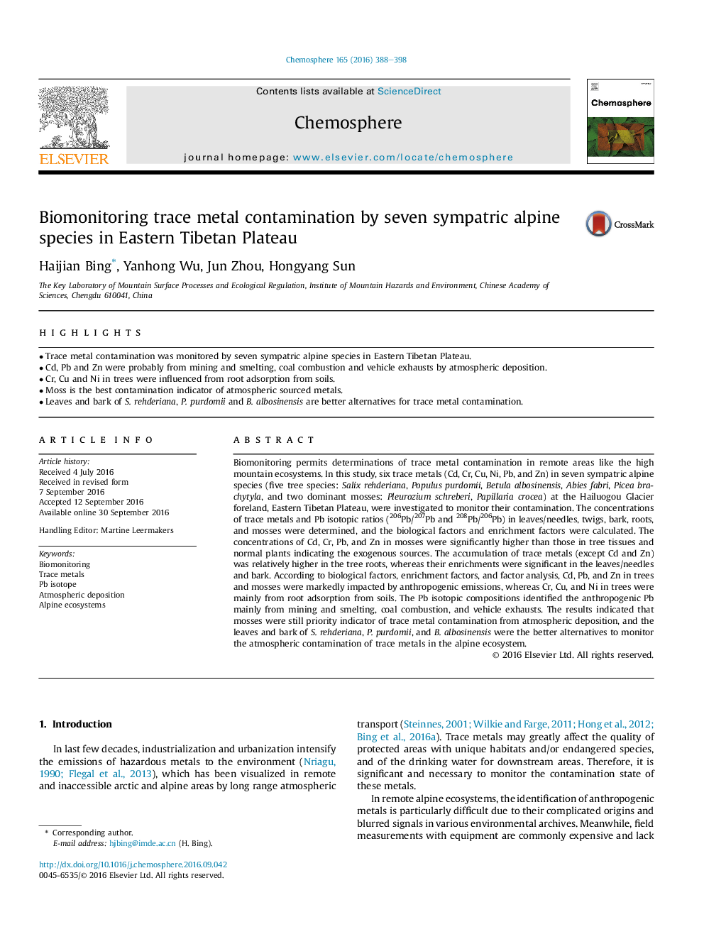 Biomonitoring trace metal contamination by seven sympatric alpine species in Eastern Tibetan Plateau