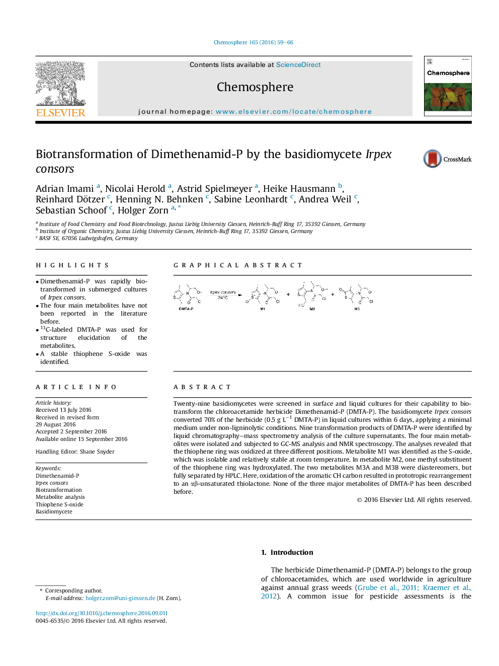 Biotransformation of Dimethenamid-P by the basidiomycete Irpex consors