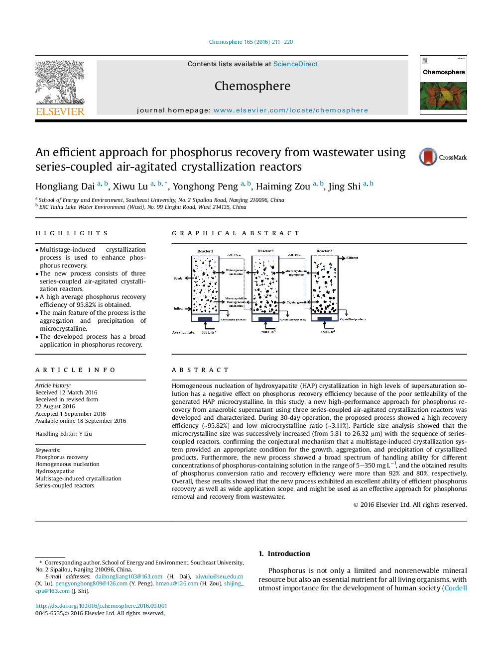 An efficient approach for phosphorus recovery from wastewater using series-coupled air-agitated crystallization reactors