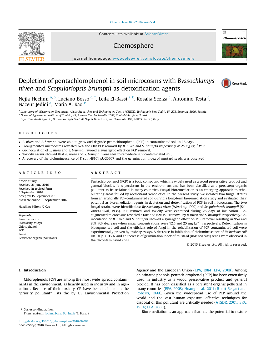 Depletion of pentachlorophenol in soil microcosms with Byssochlamys nivea and Scopulariopsis brumptii as detoxification agents