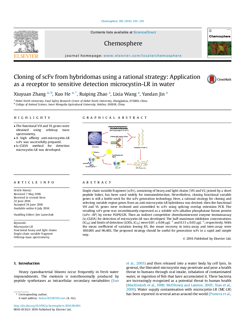 Cloning of scFv from hybridomas using a rational strategy: Application as a receptor to sensitive detection microcystin-LR in water