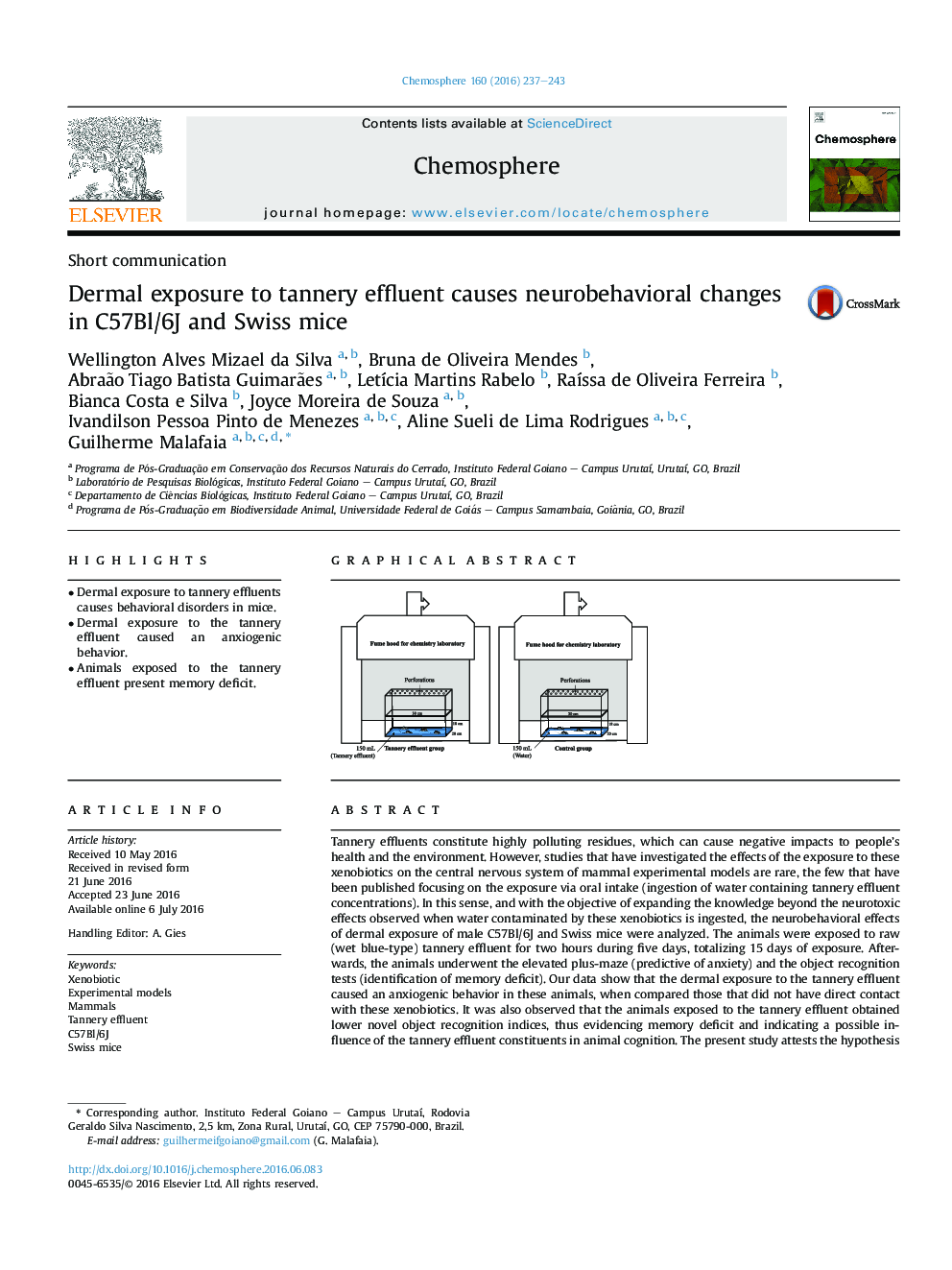 Dermal exposure to tannery effluent causes neurobehavioral changes in C57Bl/6J and Swiss mice