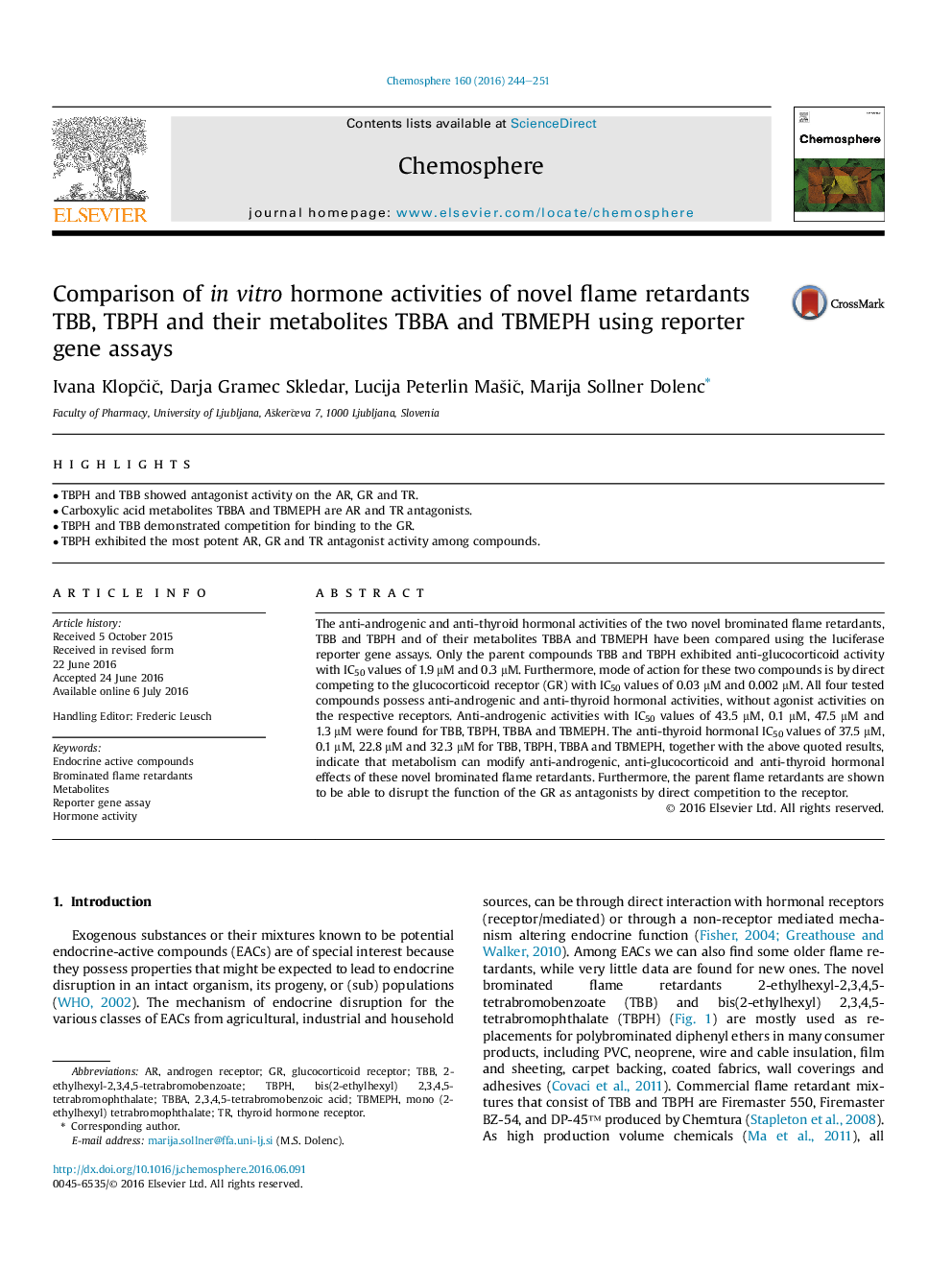 Comparison of in vitro hormone activities of novel flame retardants TBB, TBPH and their metabolites TBBA and TBMEPH using reporter gene assays