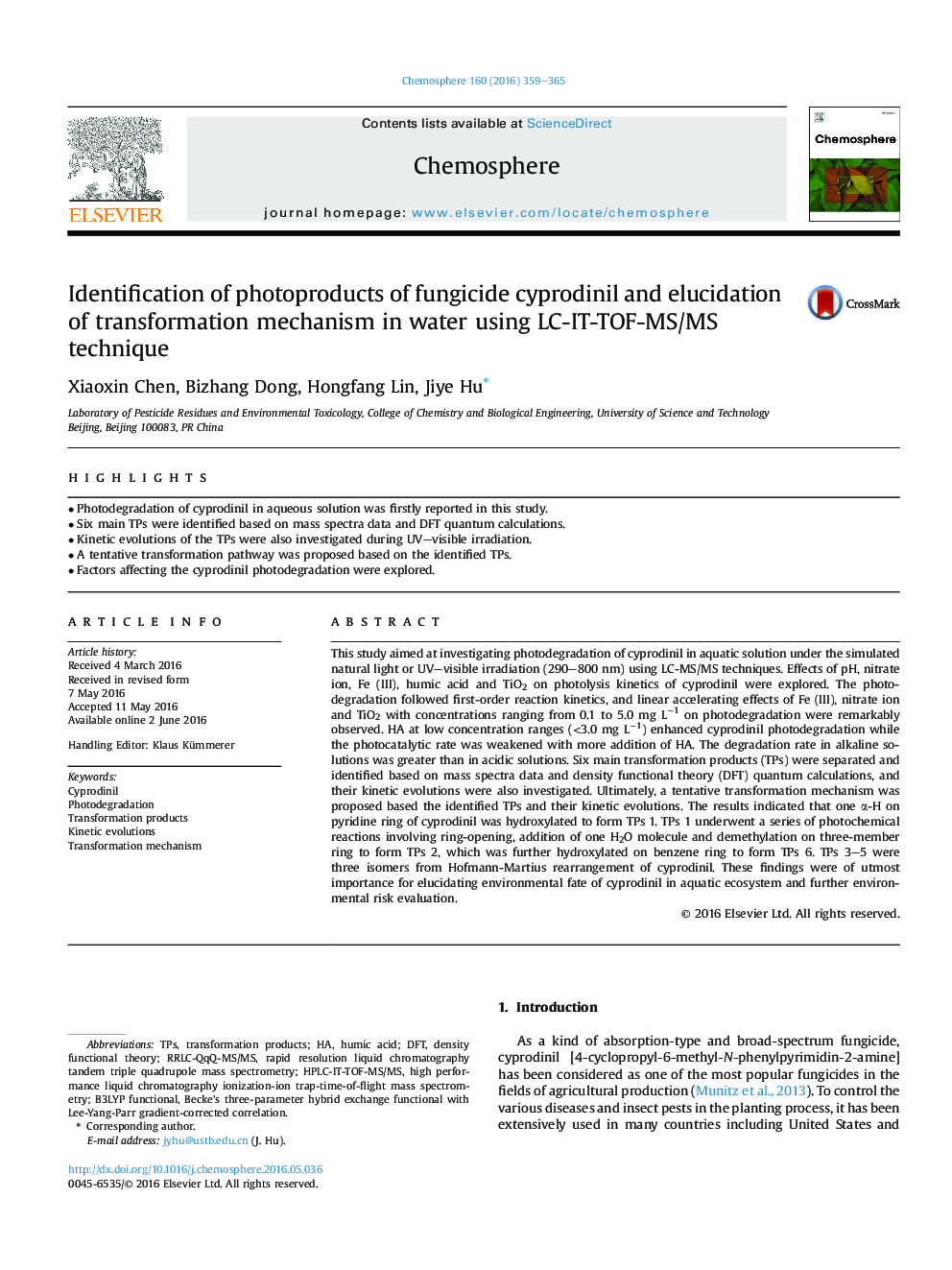 عکس صفحه اول مقاله: Identification of photoproducts of fungicide cyprodinil and elucidation of transformation mechanism in water using LC-IT-TOF-MS/MS technique Identification of photoproducts of fungicide cyprodinil and elucidation of transformation mechanism in water using LC-IT-TOF-MS/MS technique