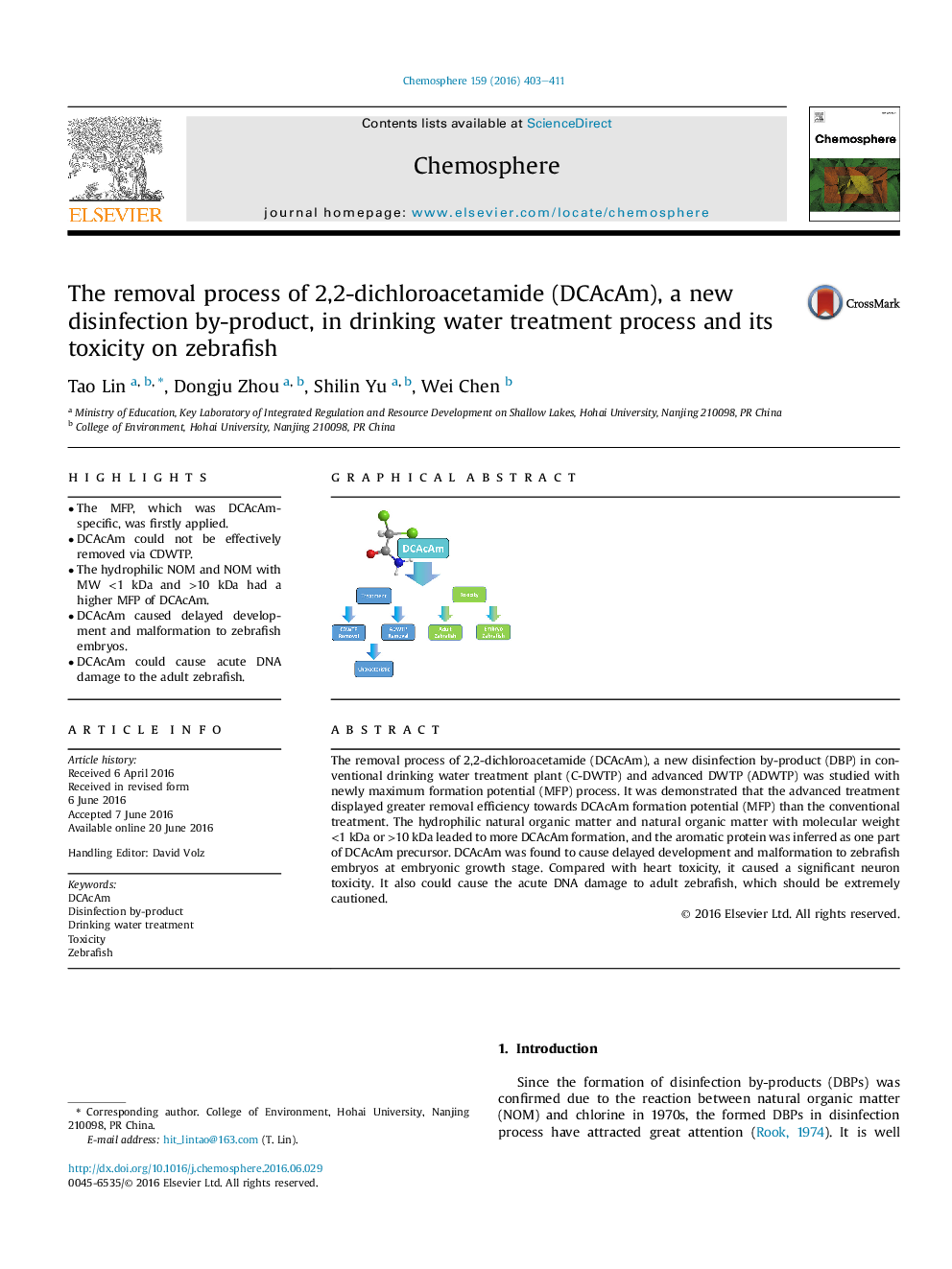 The removal process of 2,2-dichloroacetamide (DCAcAm), a new disinfection by-product, in drinking water treatment process and its toxicity on zebrafish