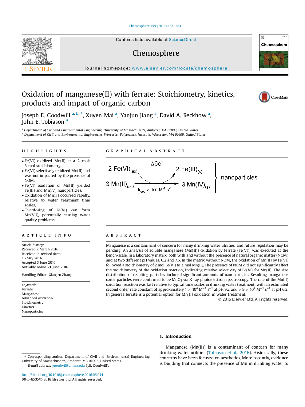 Oxidation of manganese(II) with ferrate: Stoichiometry, kinetics, products and impact of organic carbon