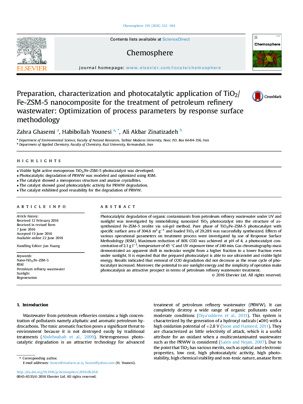 Preparation, characterization and photocatalytic application of TiO2/Fe-ZSM-5 nanocomposite for the treatment of petroleum refinery wastewater: Optimization of process parameters by response surface methodology