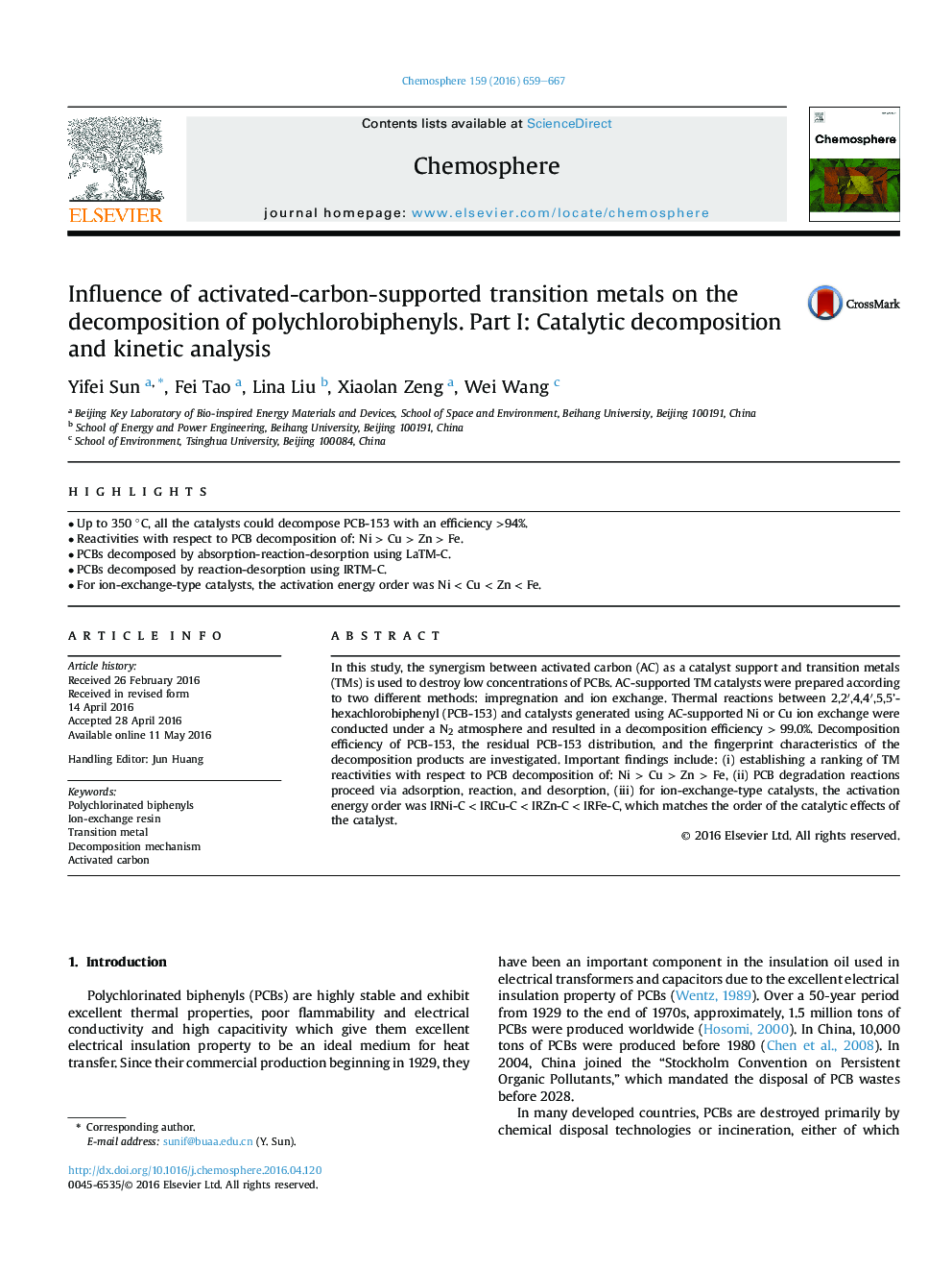 Influence of activated-carbon-supported transition metals on the decomposition of polychlorobiphenyls. Part I: Catalytic decomposition and kinetic analysis