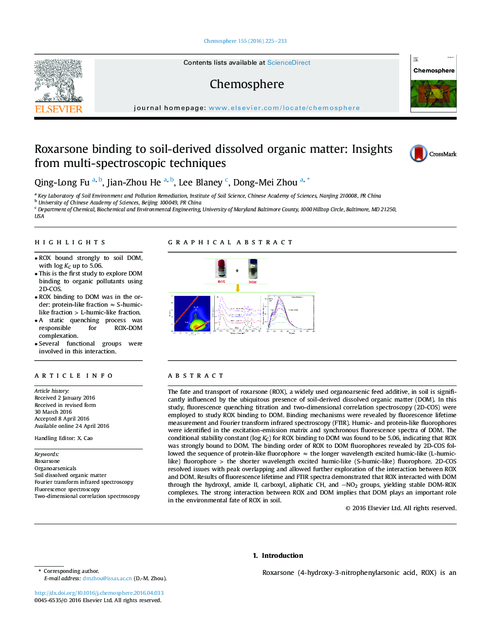 Roxarsone binding to soil-derived dissolved organic matter: Insights from multi-spectroscopic techniques
