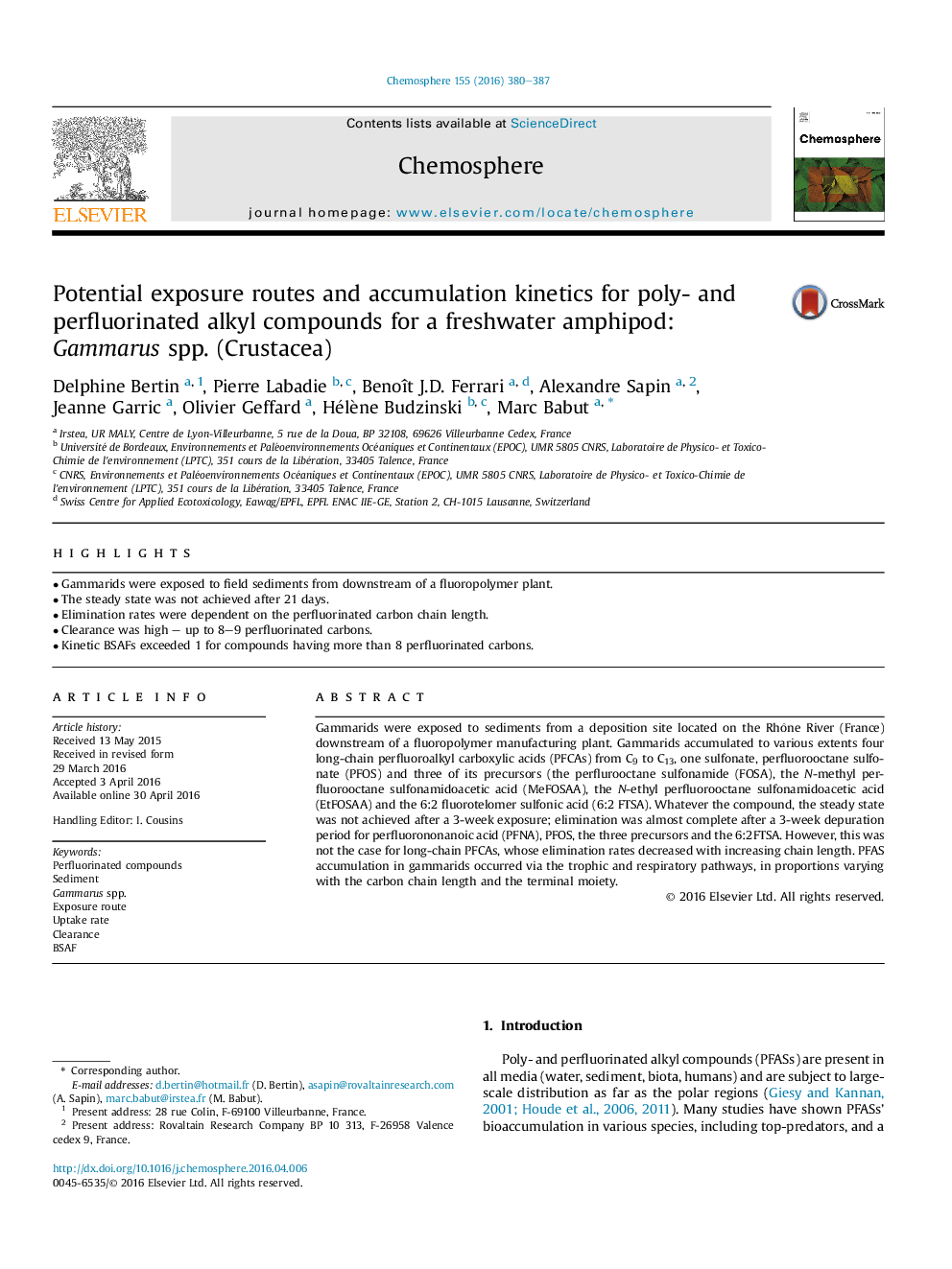 Potential exposure routes and accumulation kinetics for poly- and perfluorinated alkyl compounds for a freshwater amphipod: Gammarus spp. (Crustacea)