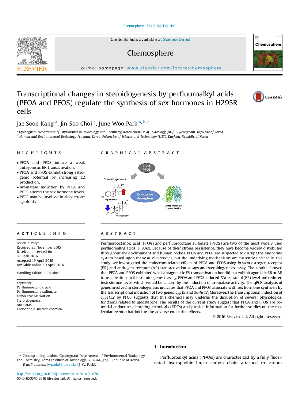 Transcriptional changes in steroidogenesis by perfluoroalkyl acids (PFOA and PFOS) regulate the synthesis of sex hormones in H295R cells