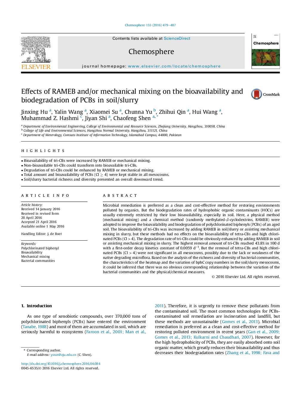 Effects of RAMEB and/or mechanical mixing on the bioavailability and biodegradation of PCBs in soil/slurry