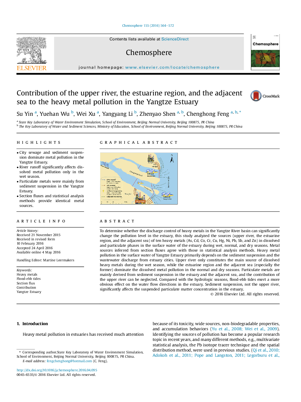 Contribution of the upper river, the estuarine region, and the adjacent sea to the heavy metal pollution in the Yangtze Estuary