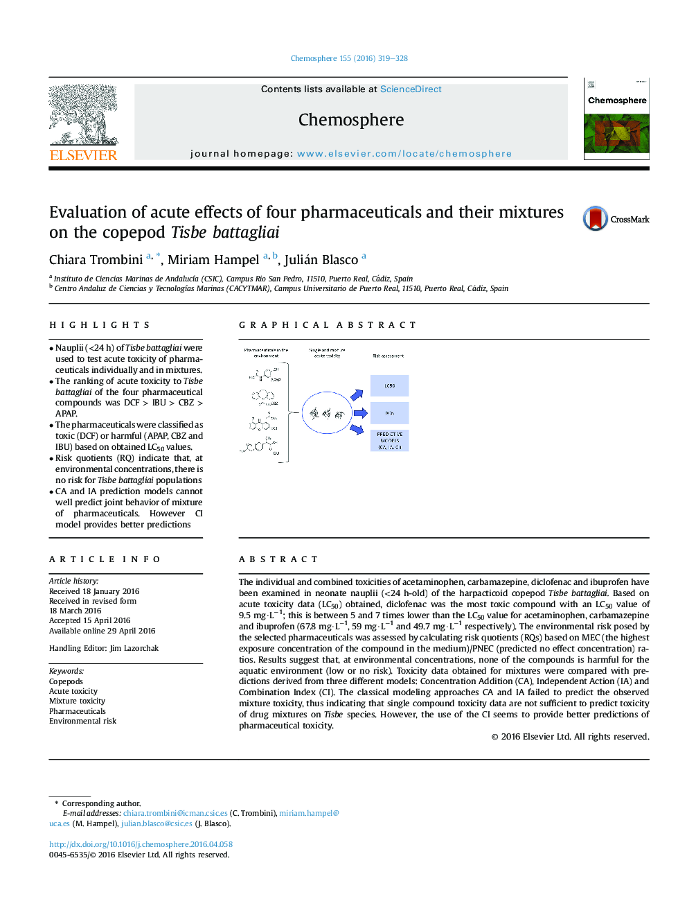 Evaluation of acute effects of four pharmaceuticals and their mixtures on the copepod Tisbe battagliai