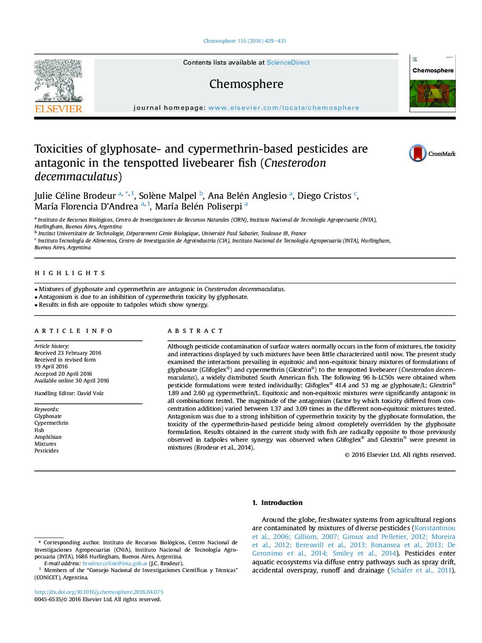 Toxicities of glyphosate- and cypermethrin-based pesticides are antagonic in the tenspotted livebearer fish (Cnesterodon decemmaculatus)