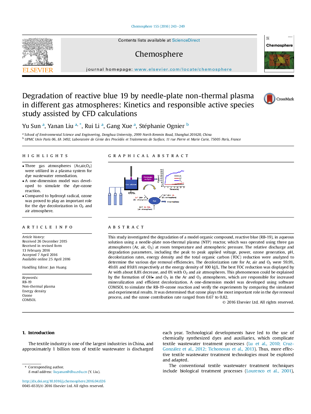 Degradation of reactive blue 19 by needle-plate non-thermal plasma in different gas atmospheres: Kinetics and responsible active species study assisted by CFD calculations