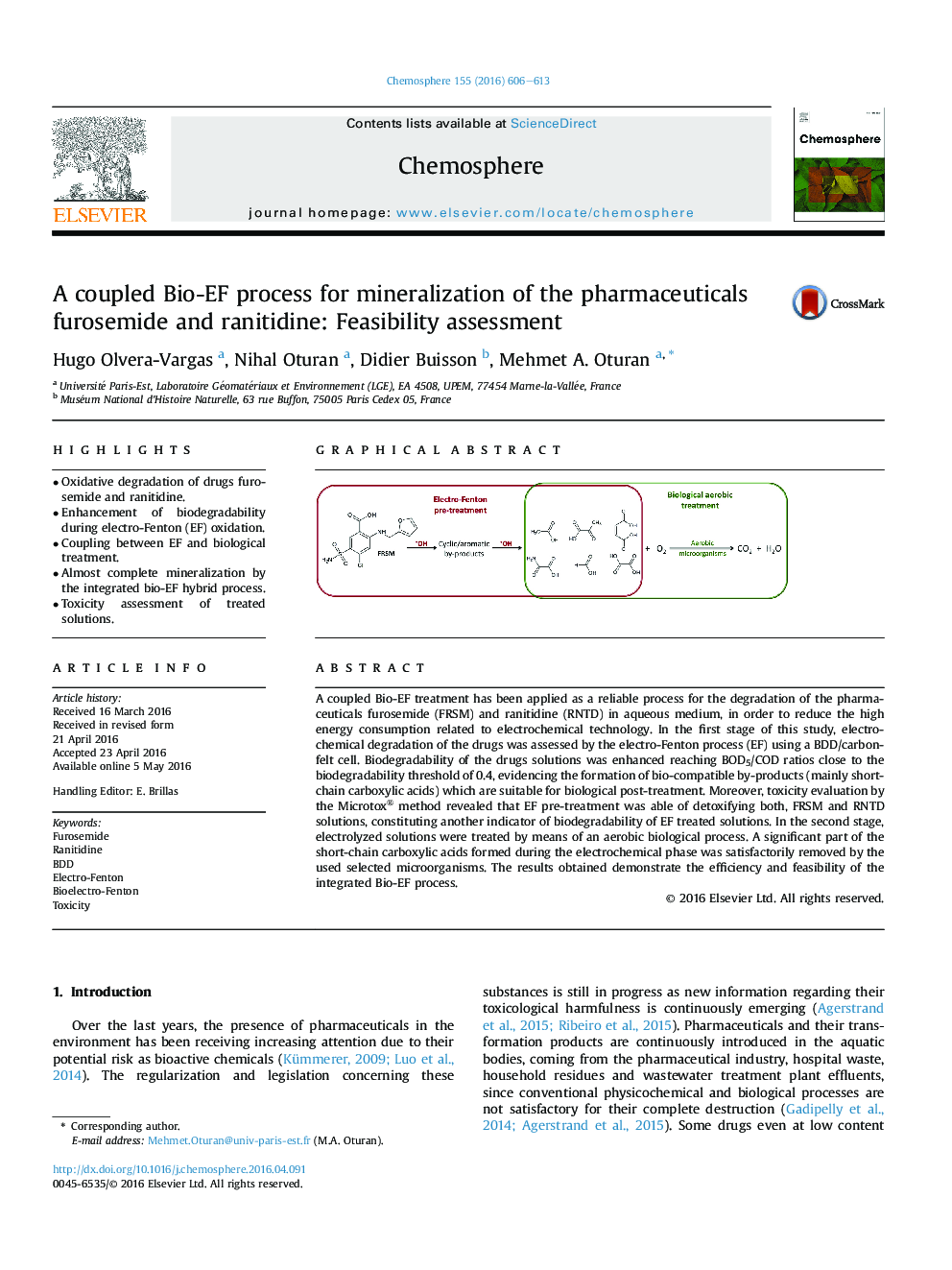 A coupled Bio-EF process for mineralization of the pharmaceuticals furosemide and ranitidine: Feasibility assessment