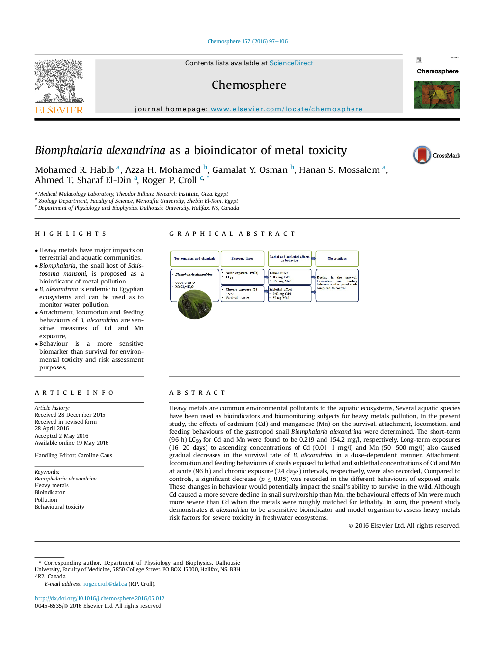 Biomphalaria alexandrina as a bioindicator of metal toxicity