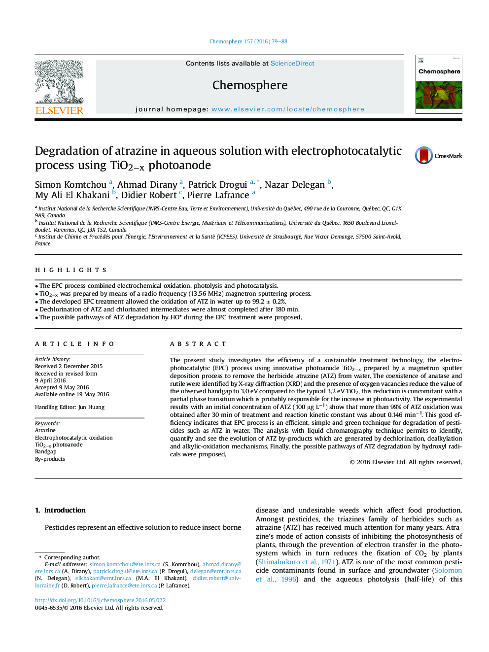 Degradation of atrazine in aqueous solution with electrophotocatalytic process using TiO2−x photoanode