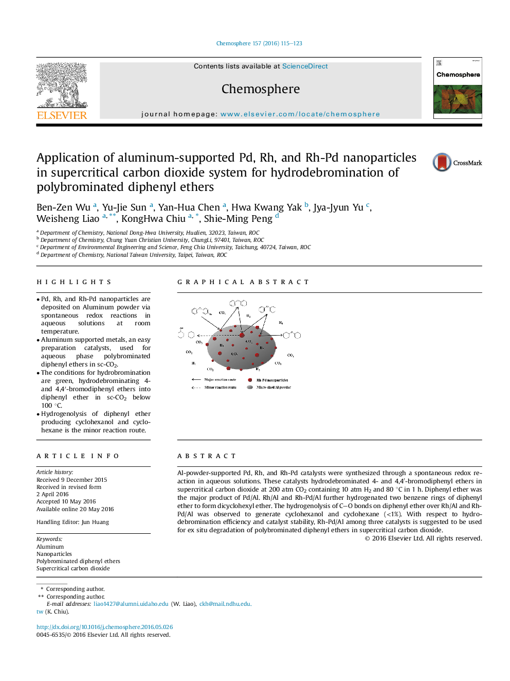 Application of aluminum-supported Pd, Rh, and Rh-Pd nanoparticles in supercritical carbon dioxide system for hydrodebromination of polybrominated diphenyl ethers