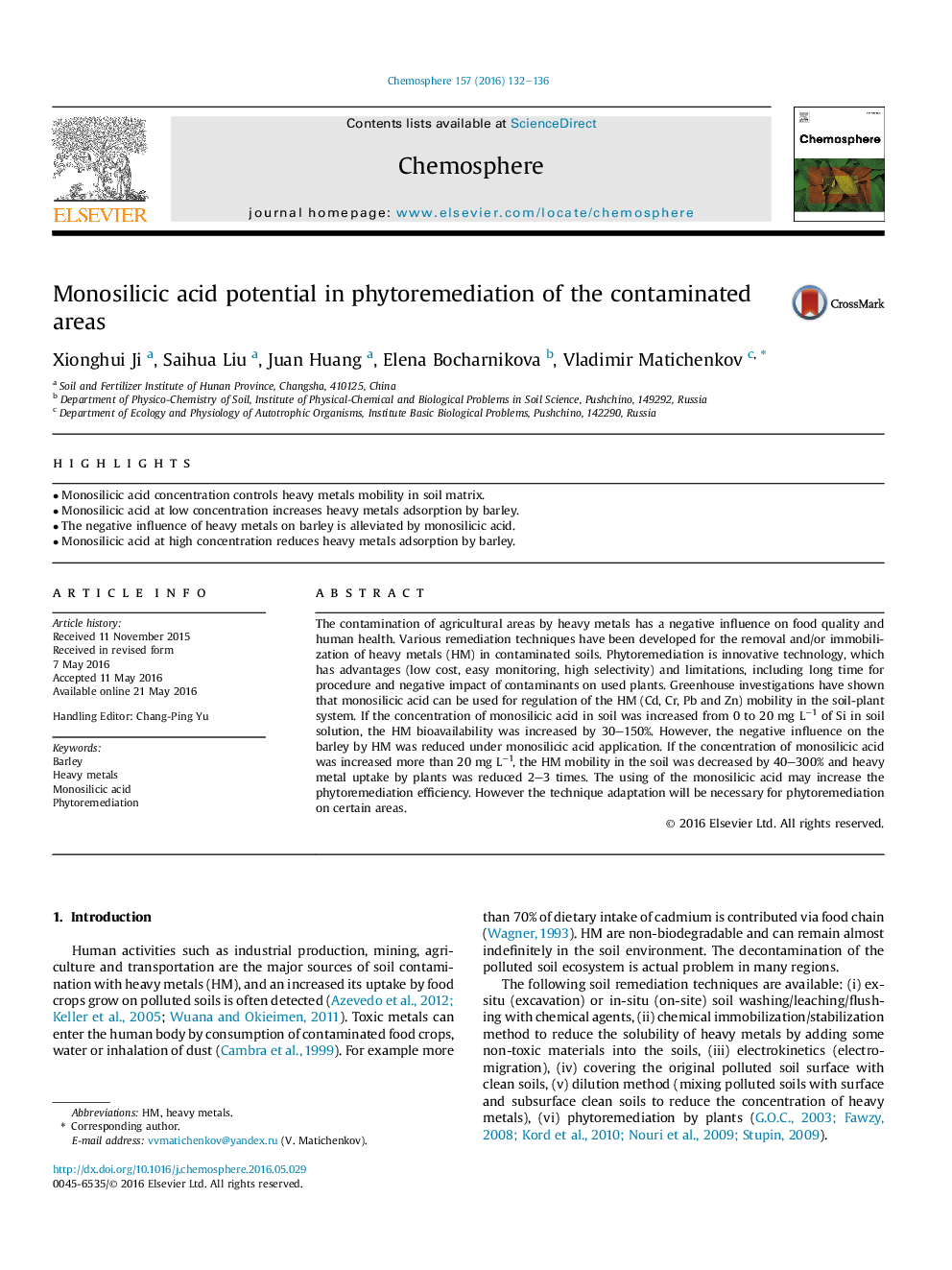 Monosilicic acid potential in phytoremediation of the contaminated areas