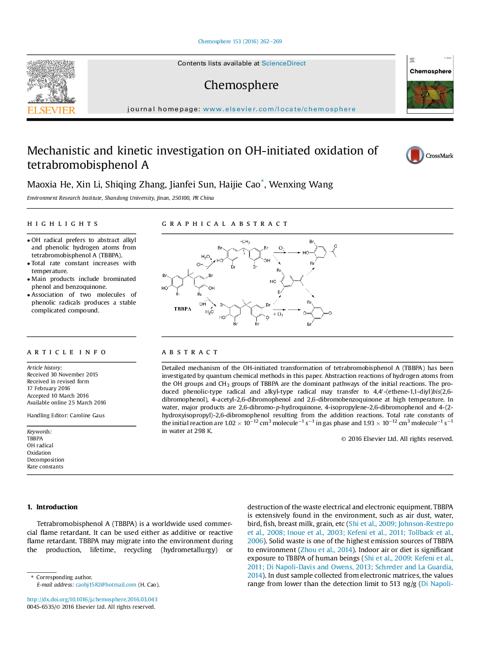 Mechanistic and kinetic investigation on OH-initiated oxidation of tetrabromobisphenol A