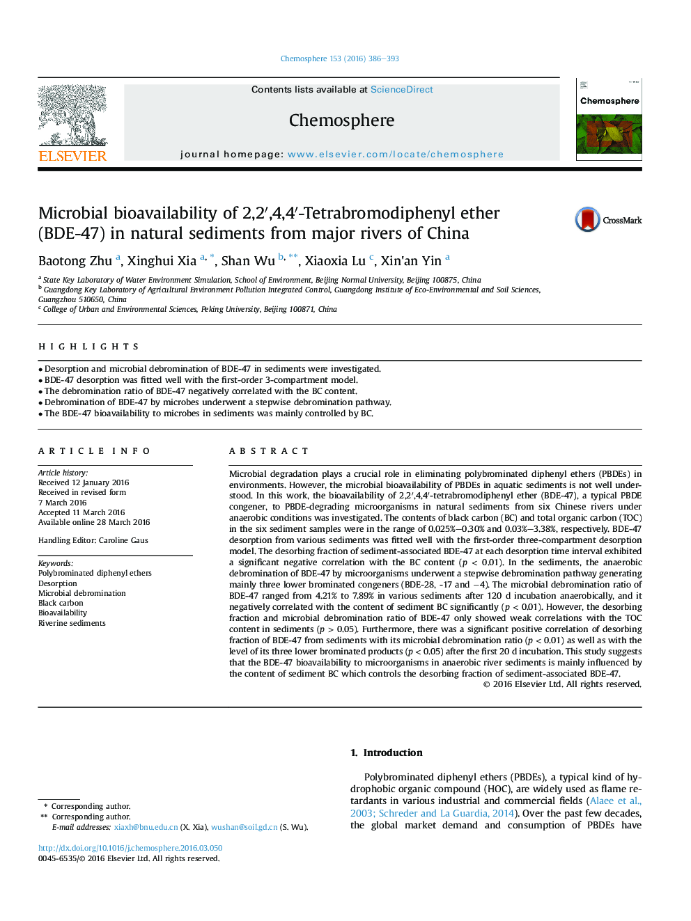 Microbial bioavailability of 2,2′,4,4′-Tetrabromodiphenyl ether (BDE-47) in natural sediments from major rivers of China