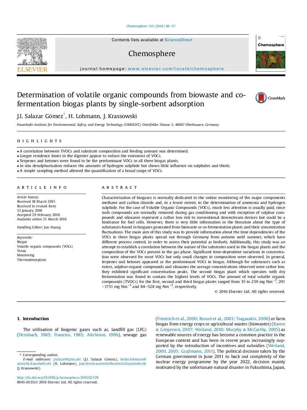 Determination of volatile organic compounds from biowaste and co-fermentation biogas plants by single-sorbent adsorption