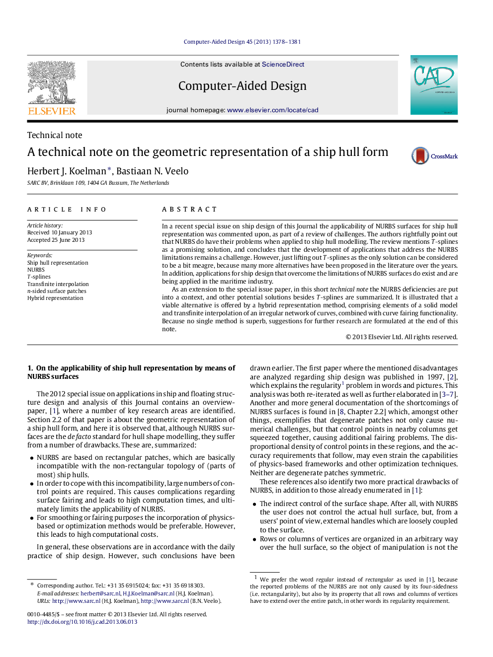 A technical note on the geometric representation of a ship hull form