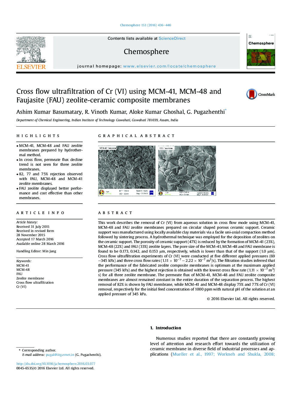 Cross flow ultrafiltration of Cr (VI) using MCM-41, MCM-48 and Faujasite (FAU) zeolite-ceramic composite membranes