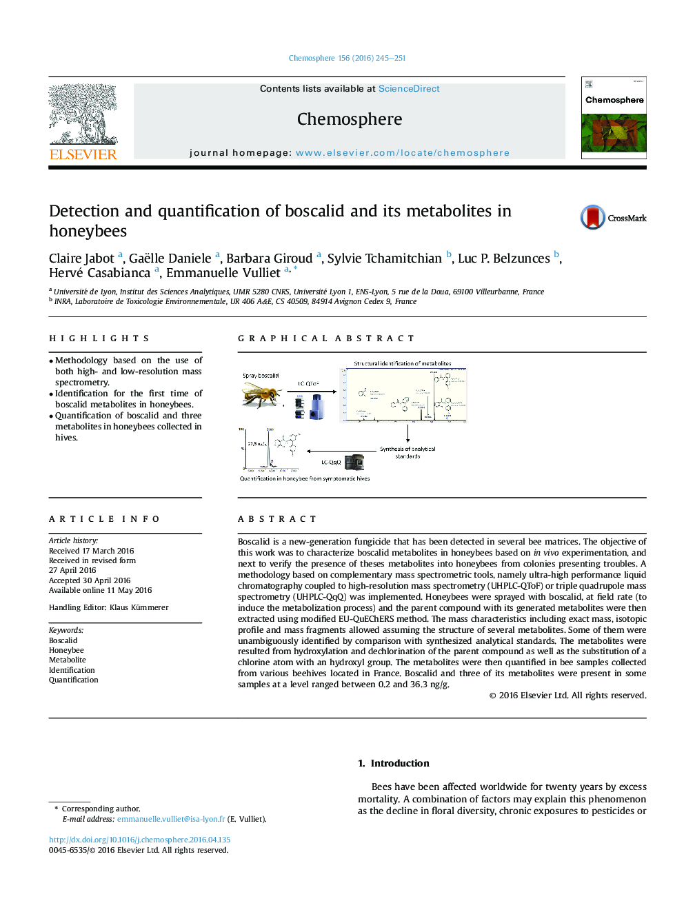 Detection and quantification of boscalid and its metabolites in honeybees