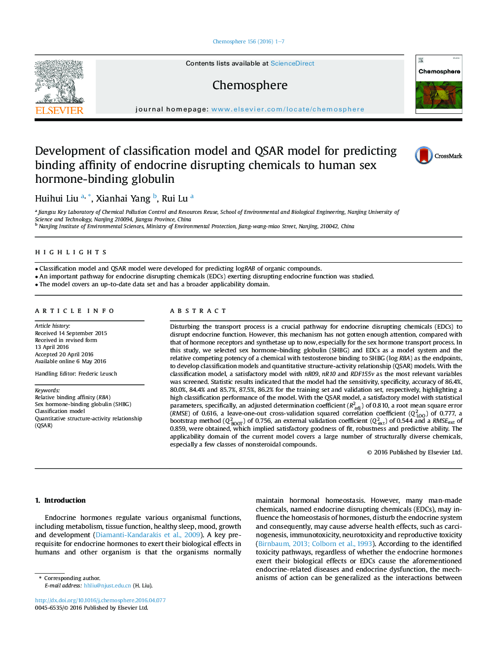 Development of classification model and QSAR model for predicting binding affinity of endocrine disrupting chemicals to human sex hormone-binding globulin