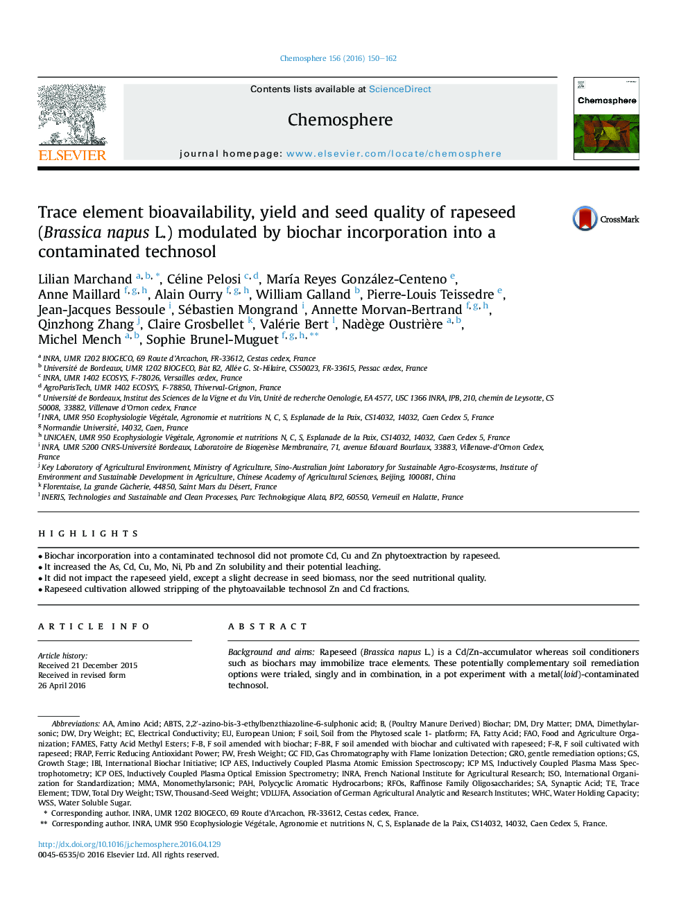 Trace element bioavailability, yield and seed quality of rapeseed (Brassica napus L.) modulated by biochar incorporation into a contaminated technosol