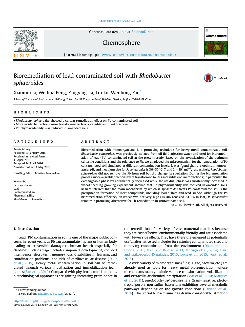 Bioremediation of lead contaminated soil with Rhodobacter sphaeroides