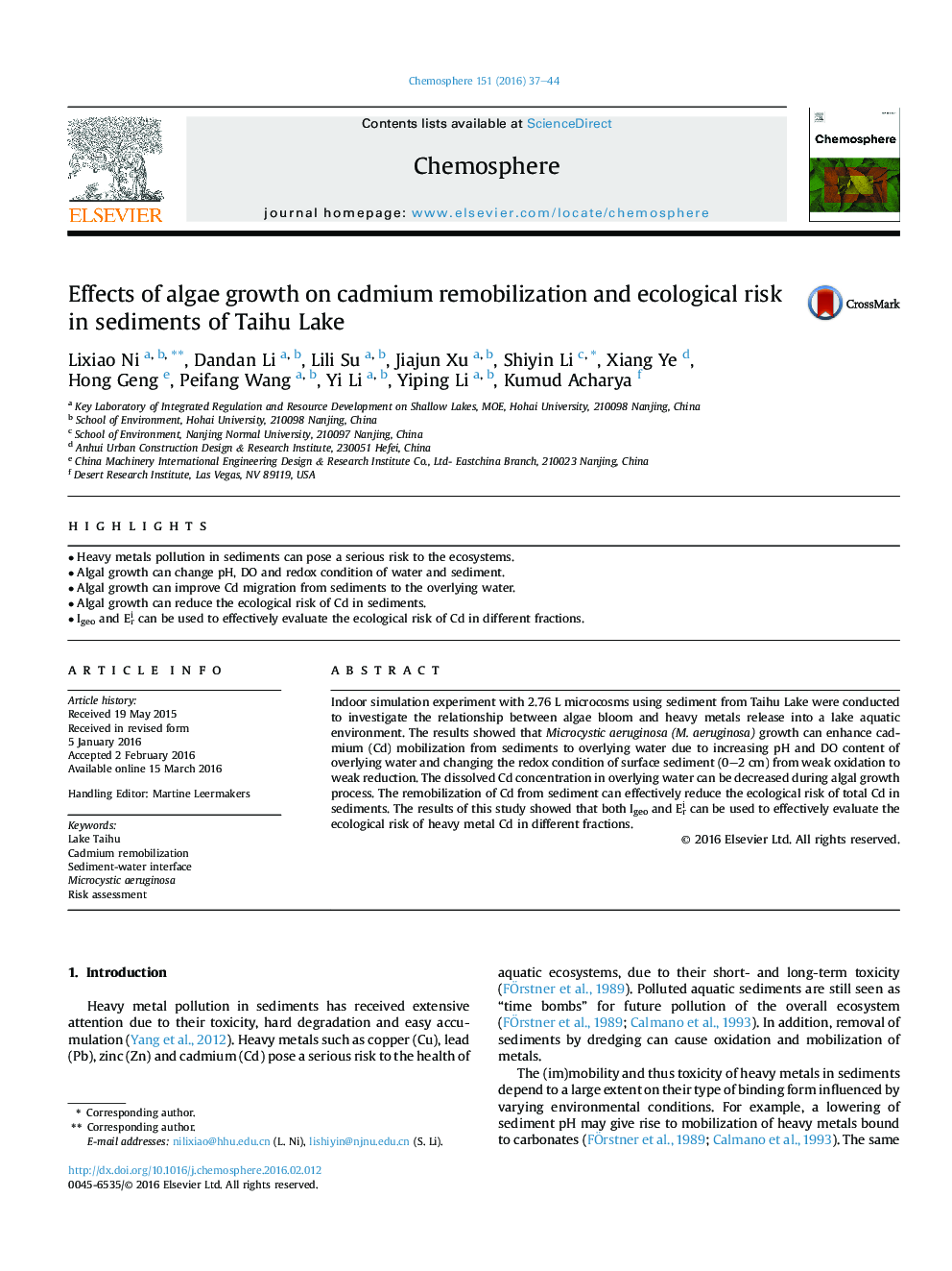 Effects of algae growth on cadmium remobilization and ecological risk in sediments of Taihu Lake